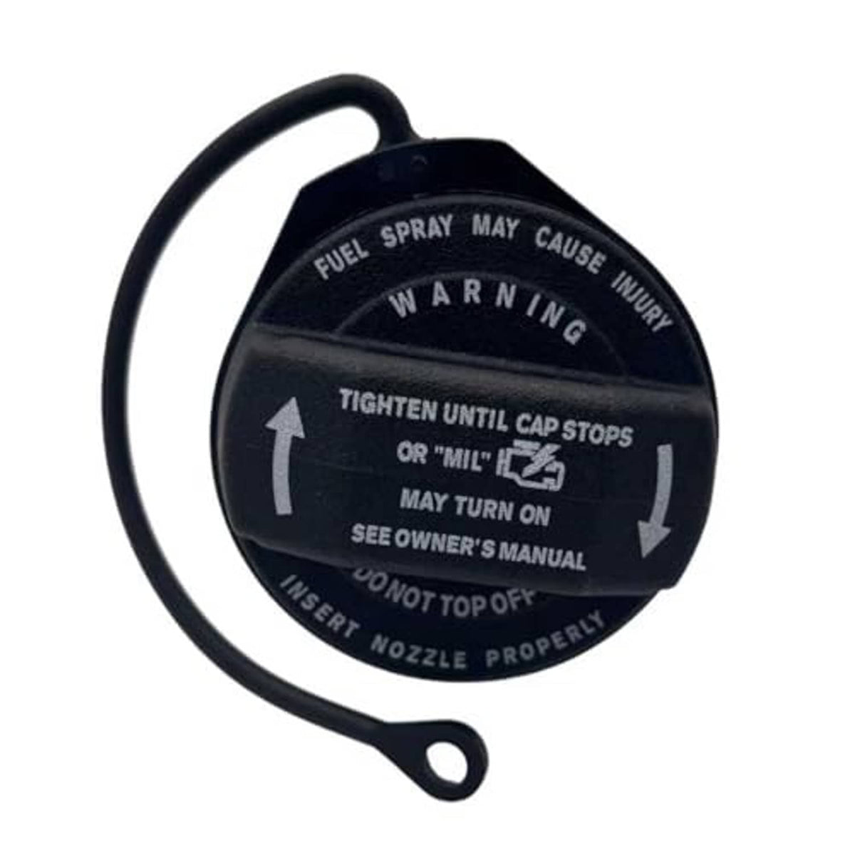 Black fuel tank filler cap with warning label and tether loop