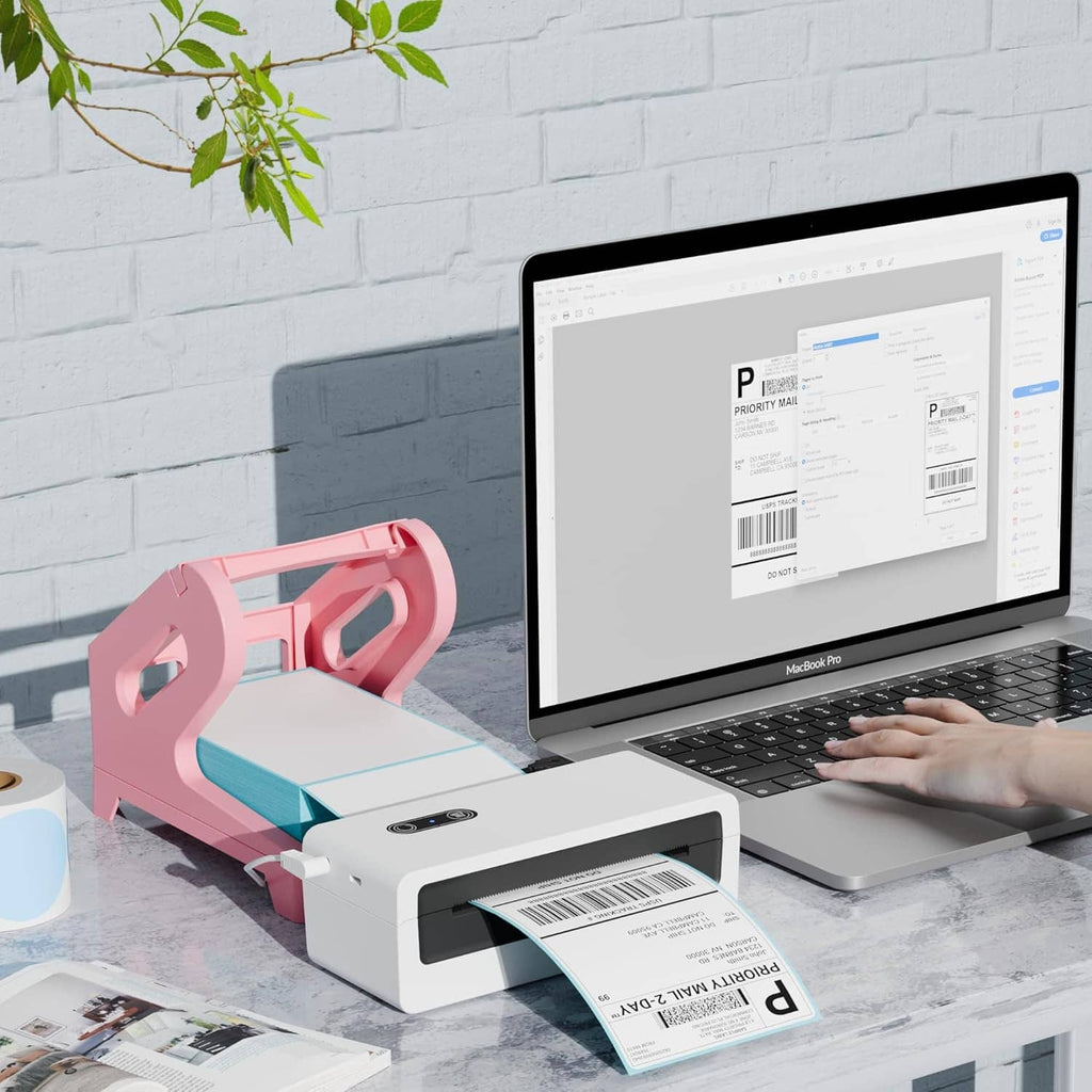 Pink label holder for thermal printer with printed labels on output tray