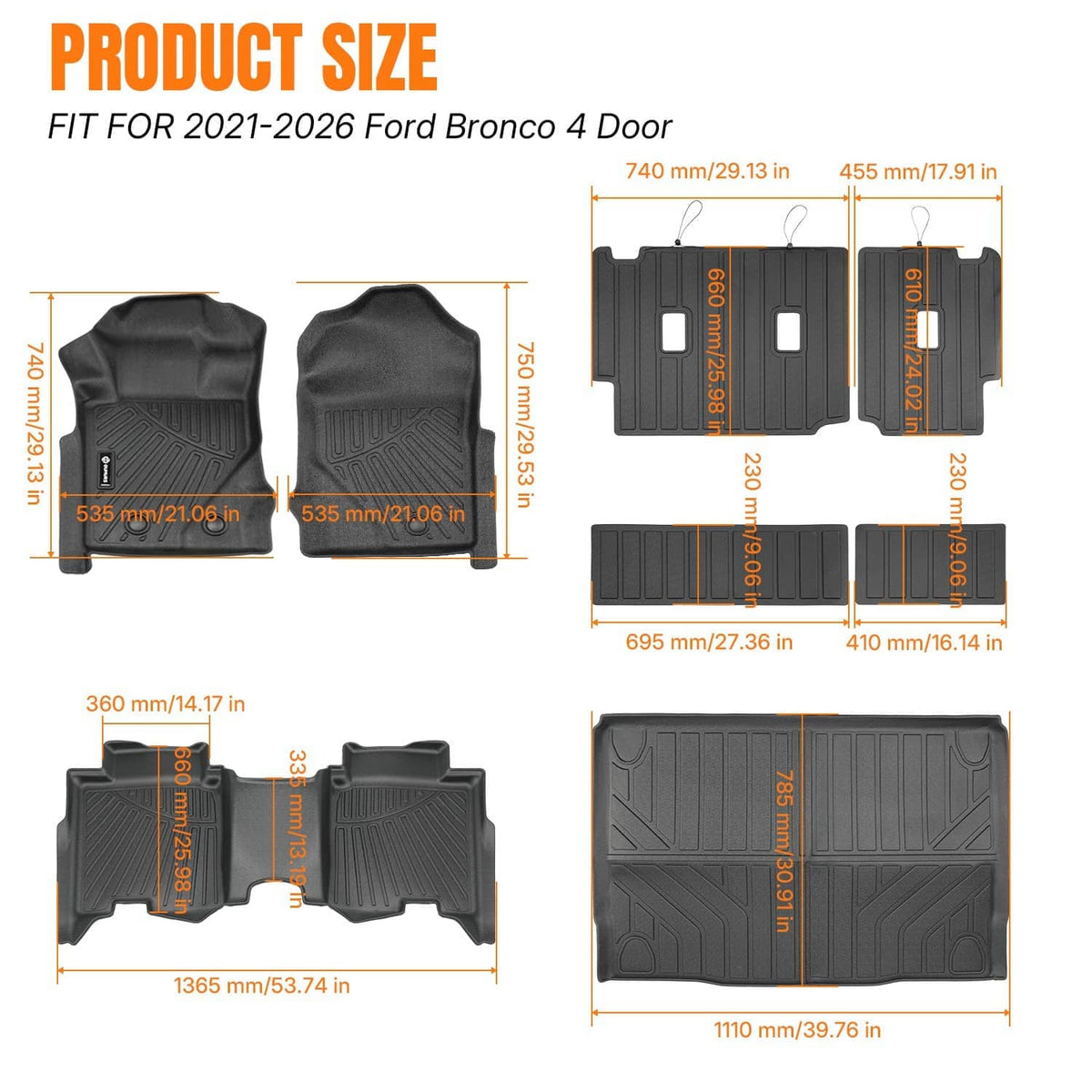 Molded TPE floor liner set for front and rear, dark gray/black, cutouts for fasteners
