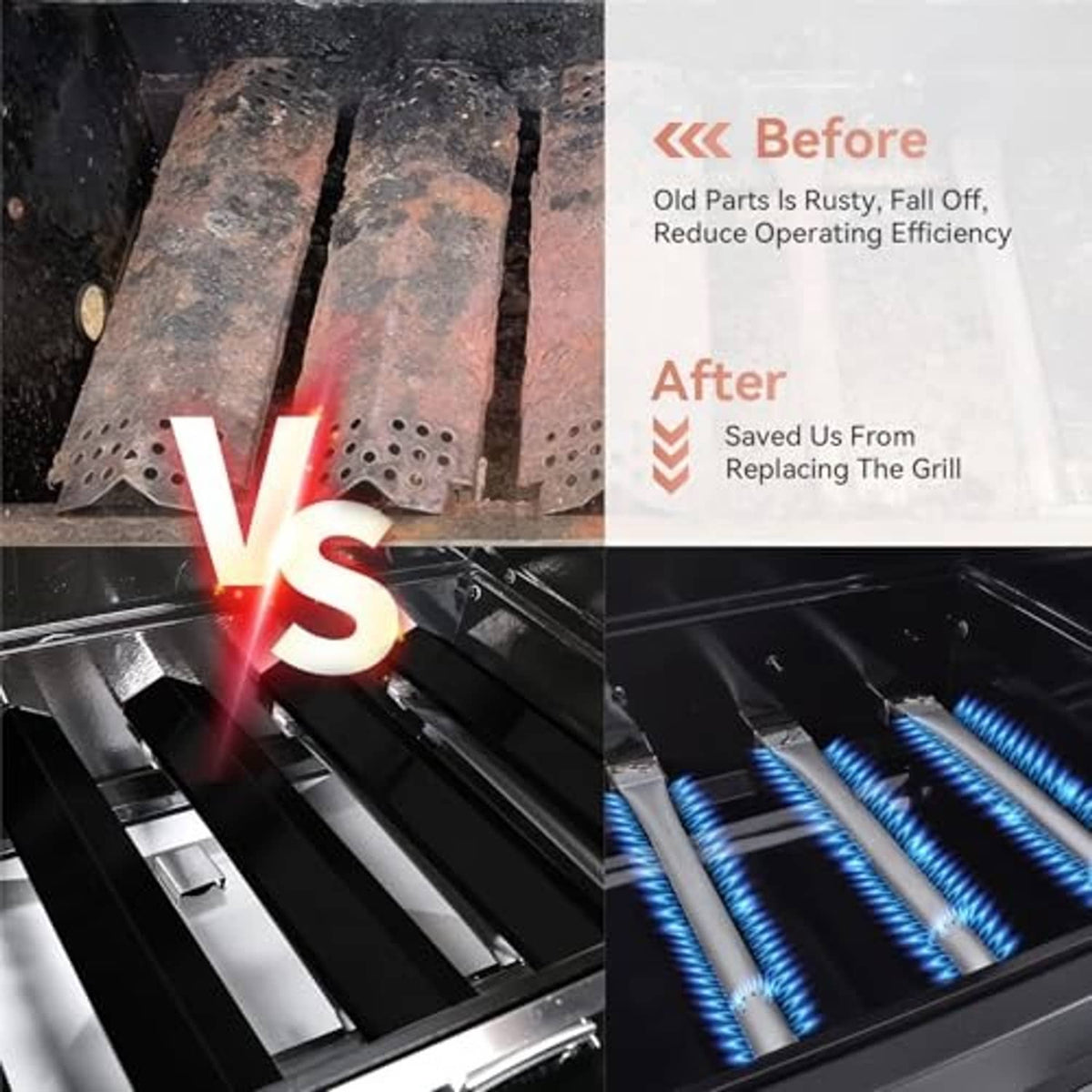 Black gas grill burner bars, before and after rust removal