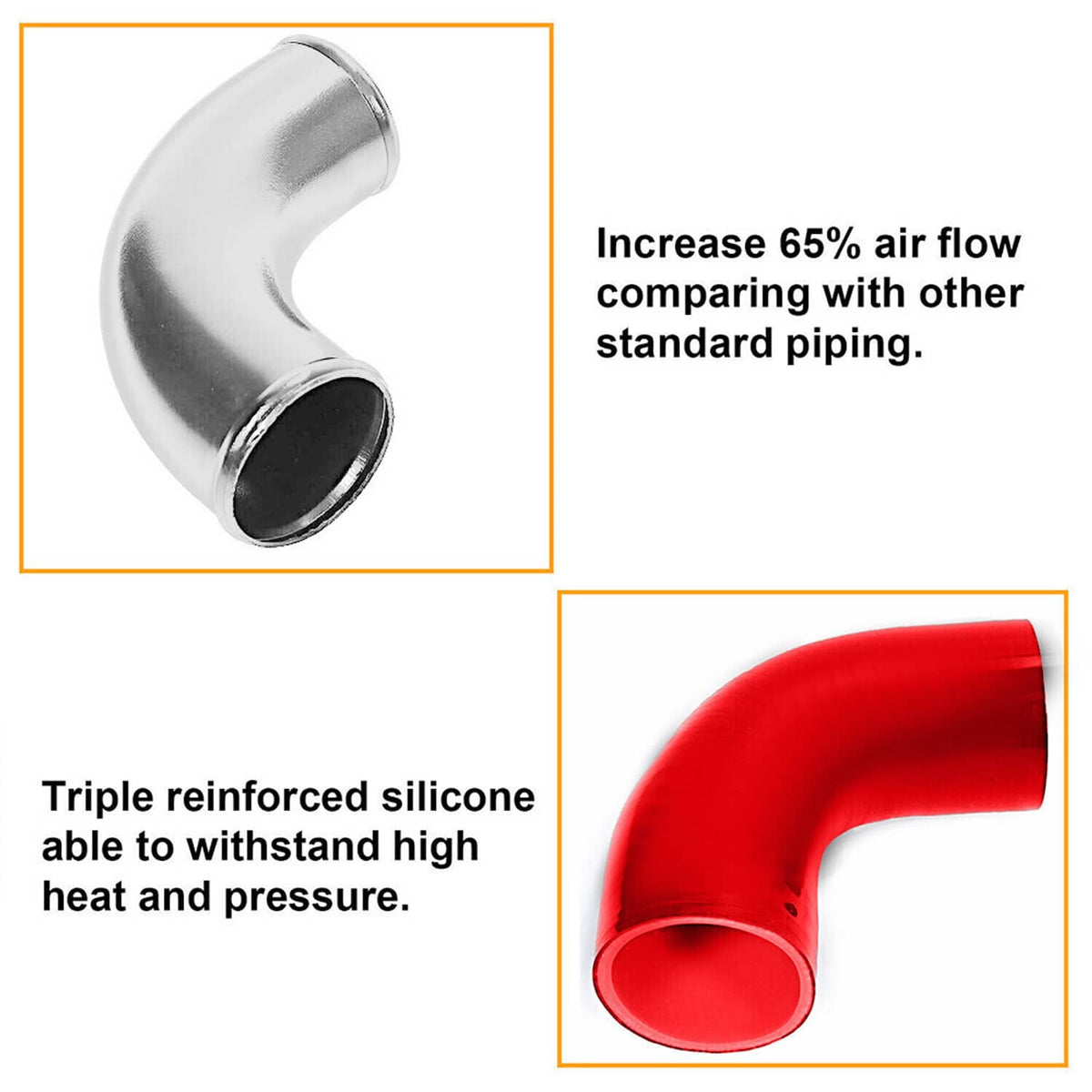 90-degree aluminum intercooler pipe with red triple-layer silicone coupler