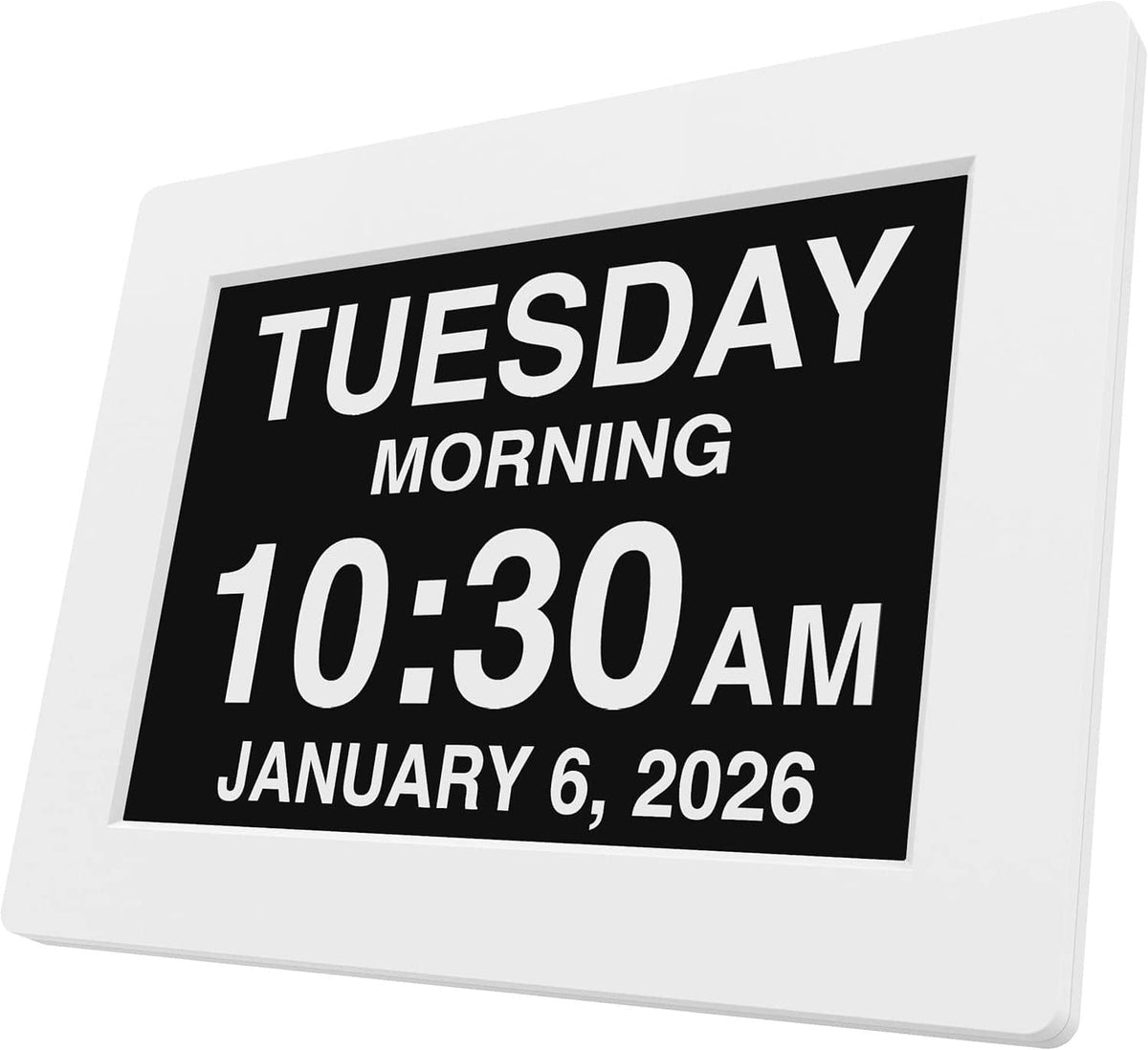 White digital dementia clock showing Tuesday morning 10:30 AM and January 6, 2026 date