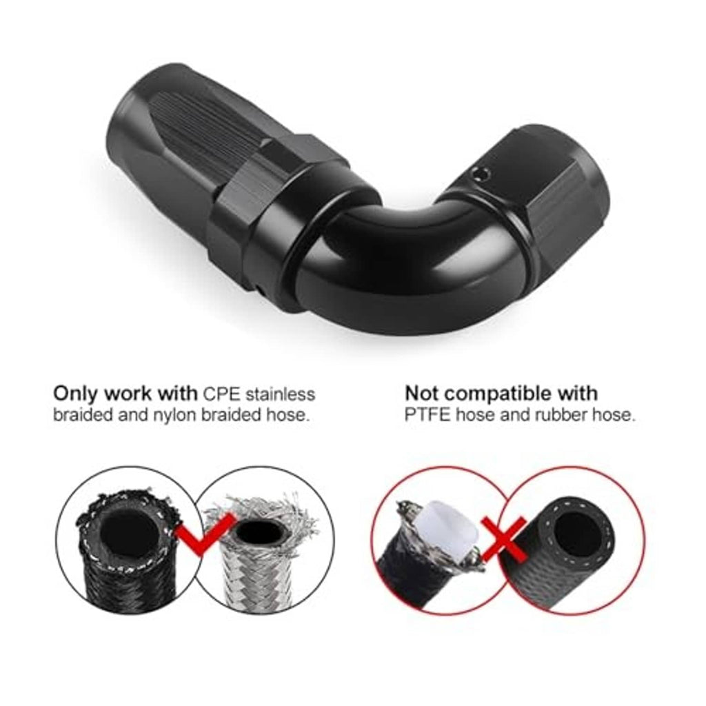 Black 90-degree swivel hose end fitting with textured ends and internal connector