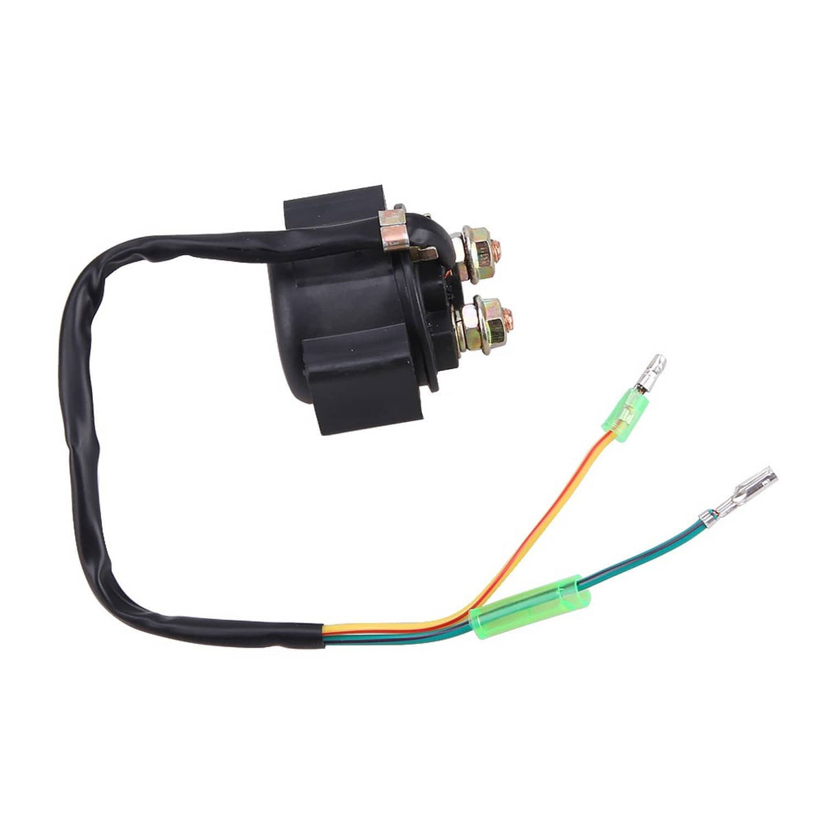 Black relay solenoid with two-pin connector and color-coded wire leads
