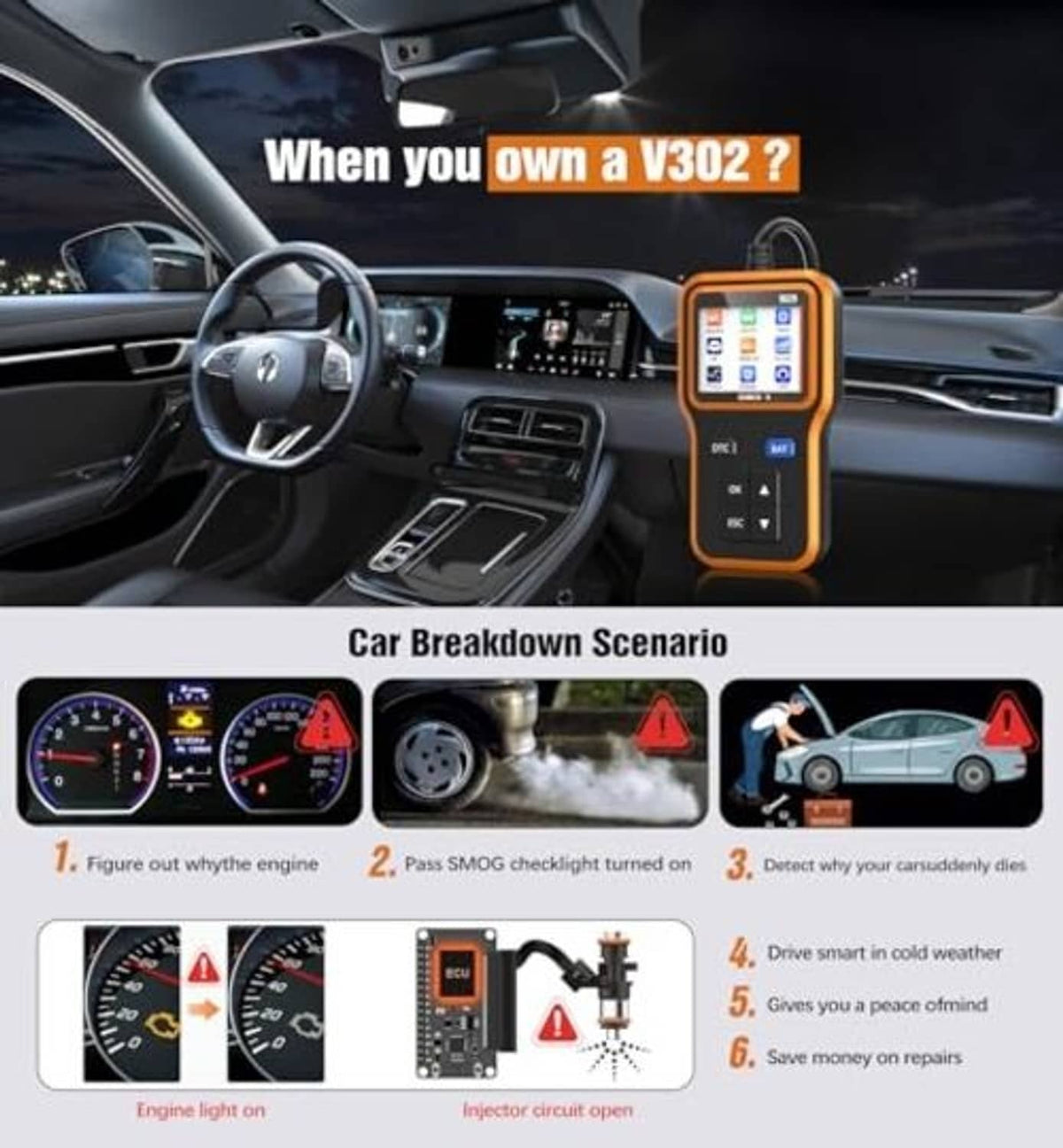 Orange handheld OBD2 scanner on car dashboard, showing menu screen and buttons