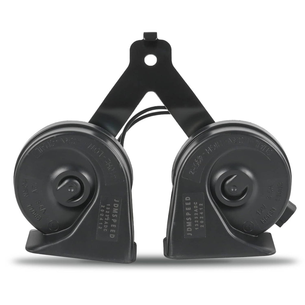 Dual pitch car horn assembly with two black horn trumpets and mounting bracket
