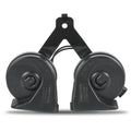 Dual pitch car horn assembly with two black horn trumpets and mounting bracket