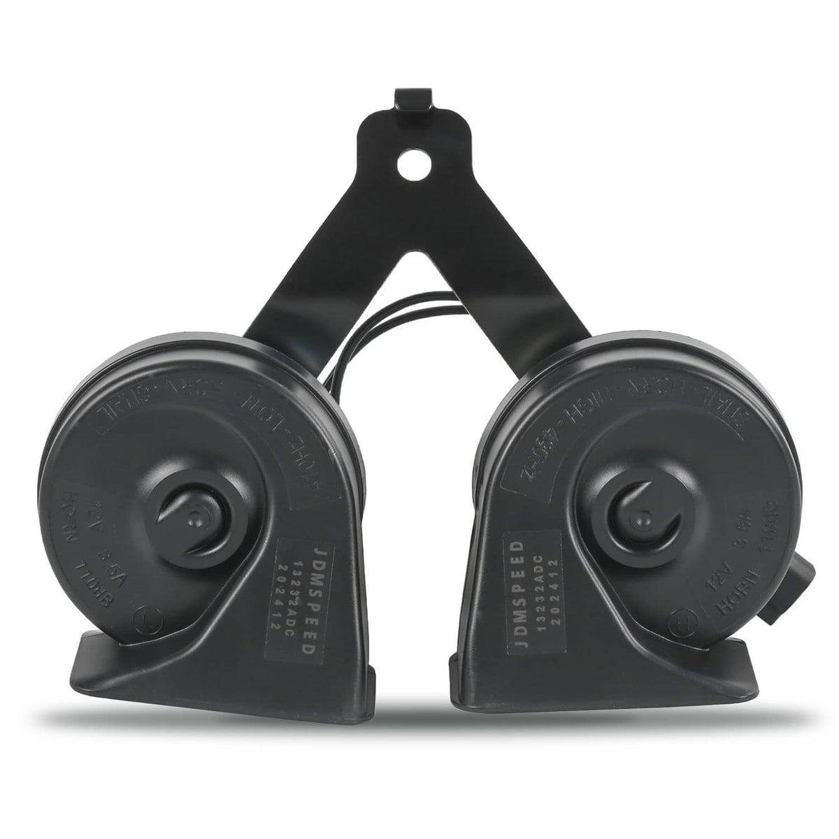 Dual pitch car horn assembly with two black horn trumpets and mounting bracket