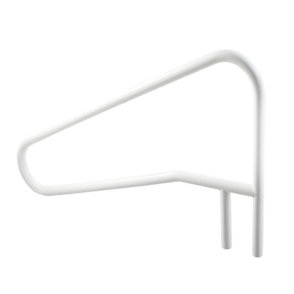 Milky white stainless steel pool handrail with curved grip and two support legs