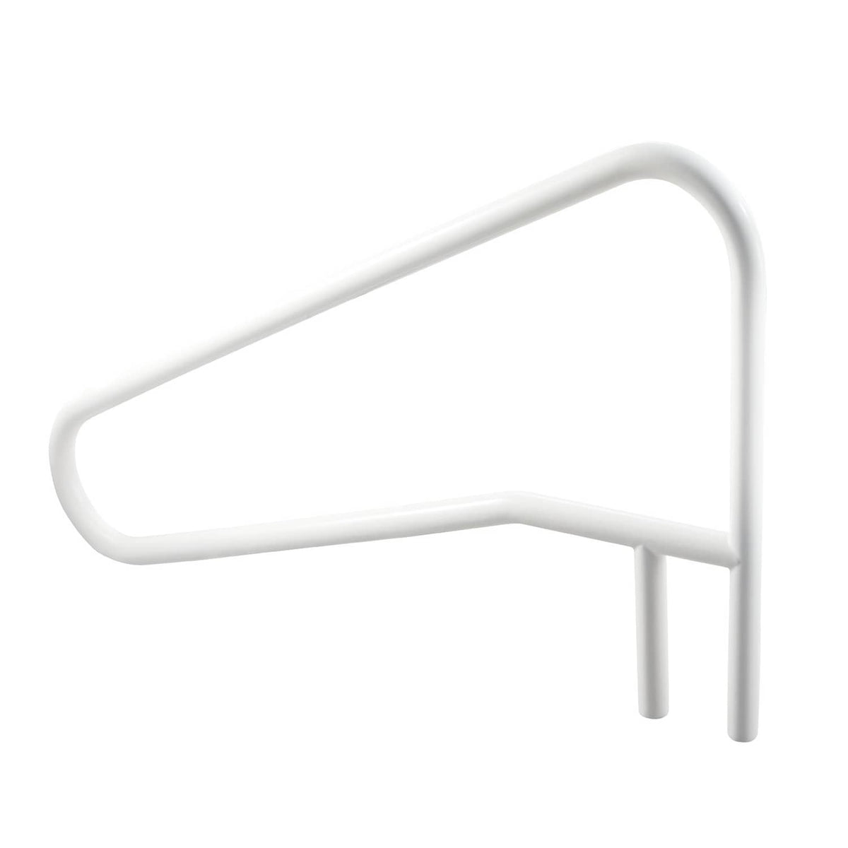 Milky white stainless steel pool handrail with curved grip and two support legs