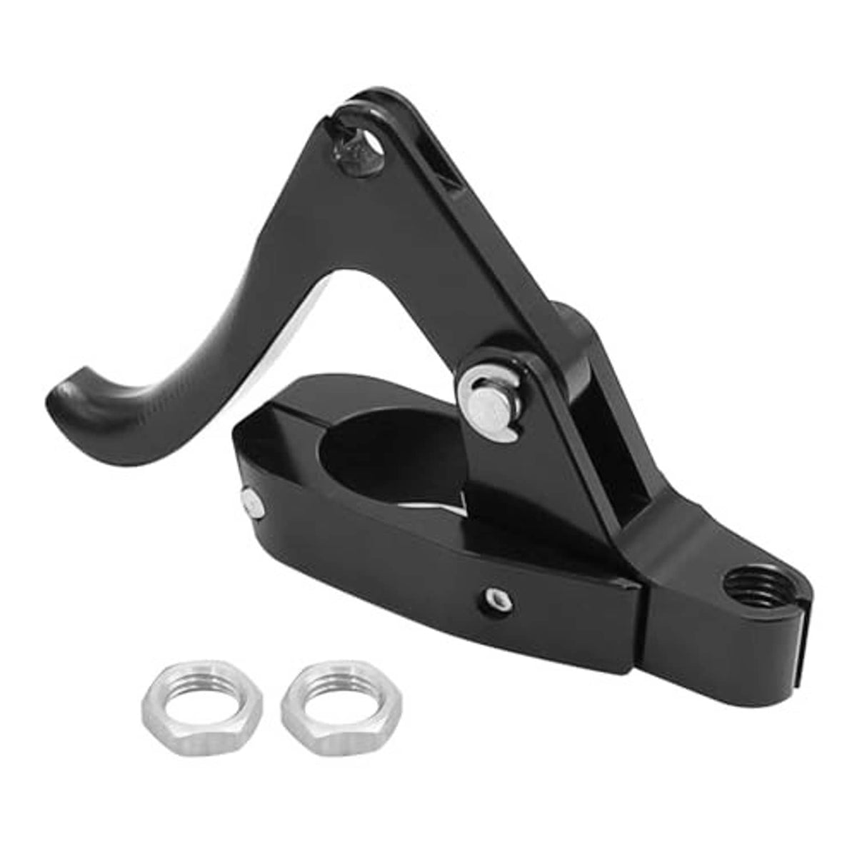 Black CNC finger throttle clutch lever with two hex mounting nuts, handlebar replacement