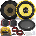 Pair of 6.5-inch component speakers with yellow woofers, small tweeters, and wiring