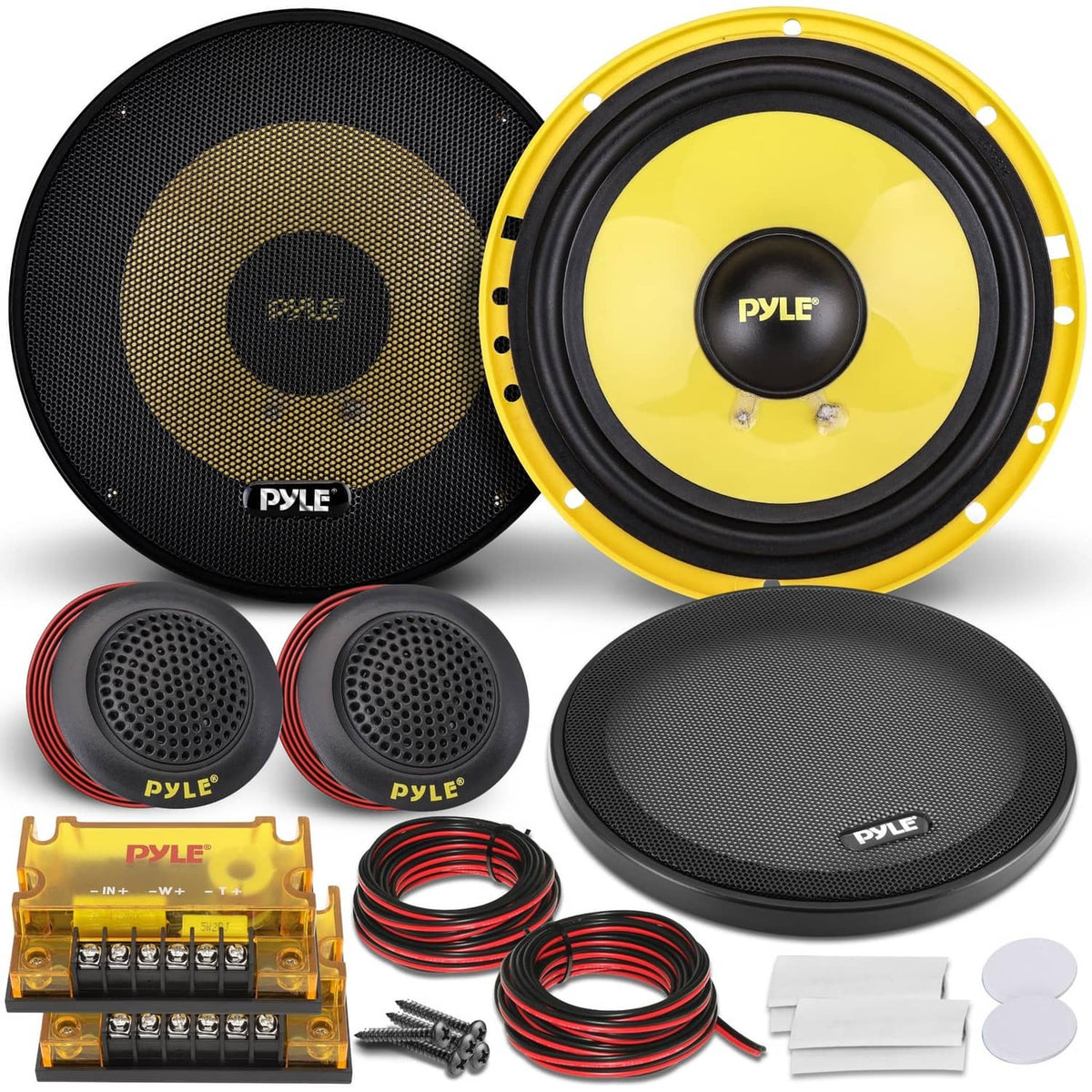 Pair of 6.5-inch component speakers with yellow woofers, small tweeters, and wiring