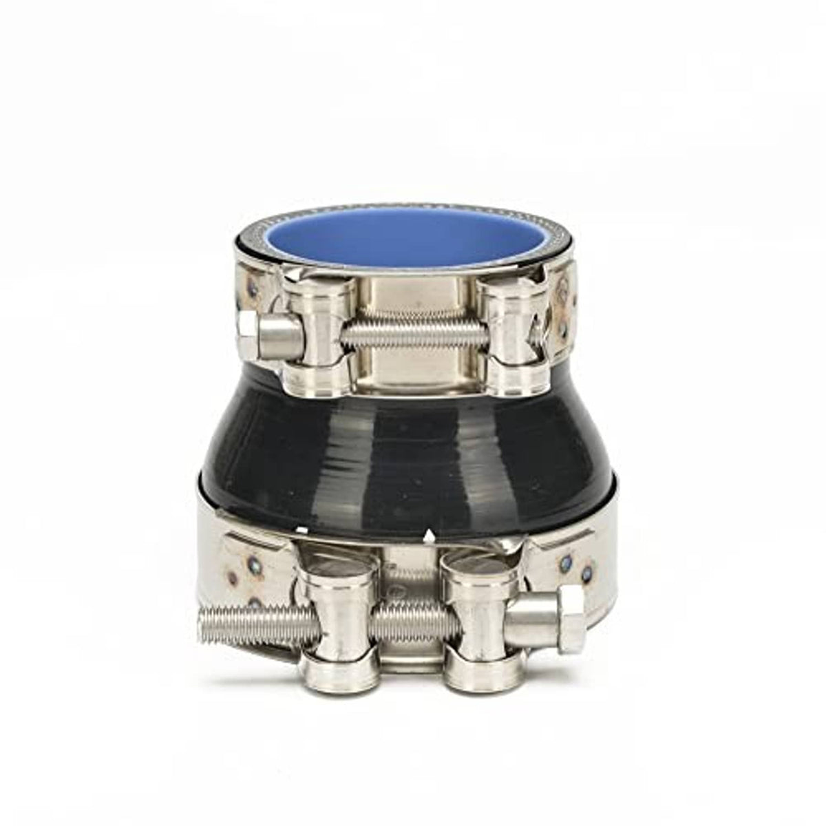 Straight exhaust reducer, black 4-ply hose with stainless band clamps and blue opening