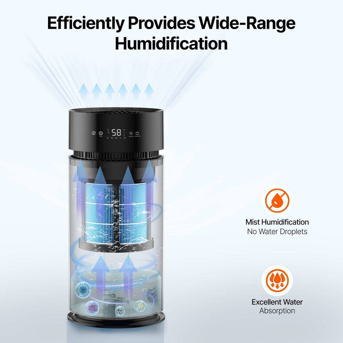 Evaporative humidifier with visible blue replacement filter cartridges inside the chamber