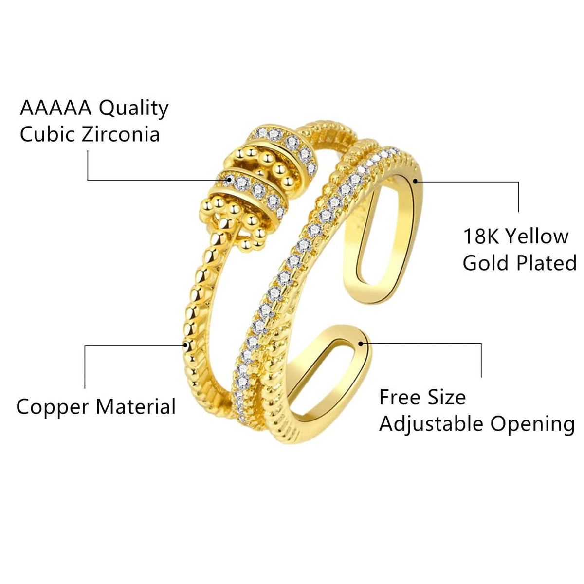 Gold-tone adjustable fidget ring with rhinestone rows and free-size open band