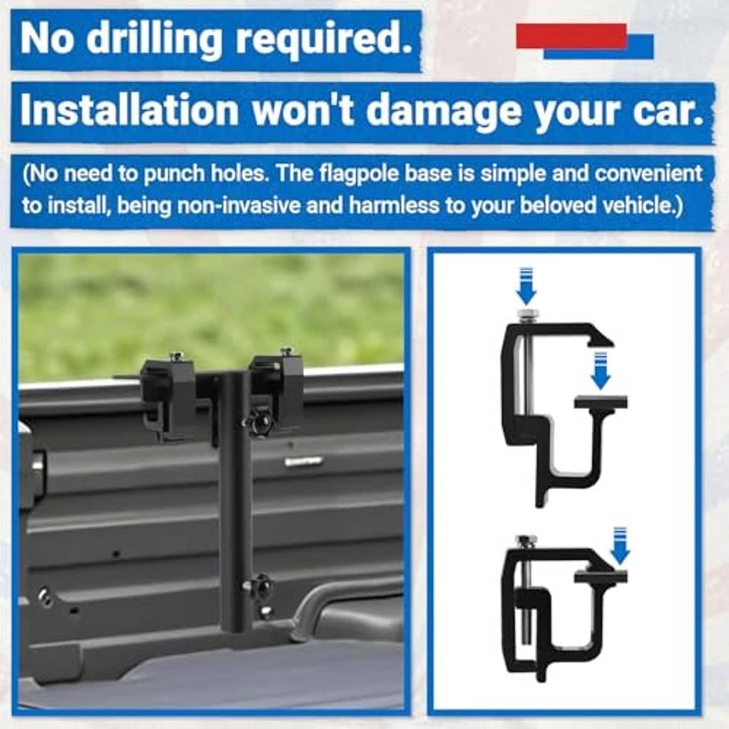 Two-step view of black no-drill flag pole mounts for truck bed installation