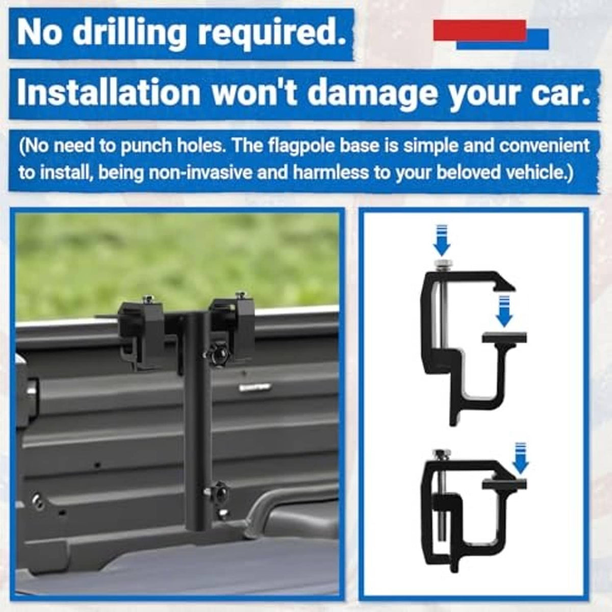 Two-step view of black no-drill flag pole mounts for truck bed installation