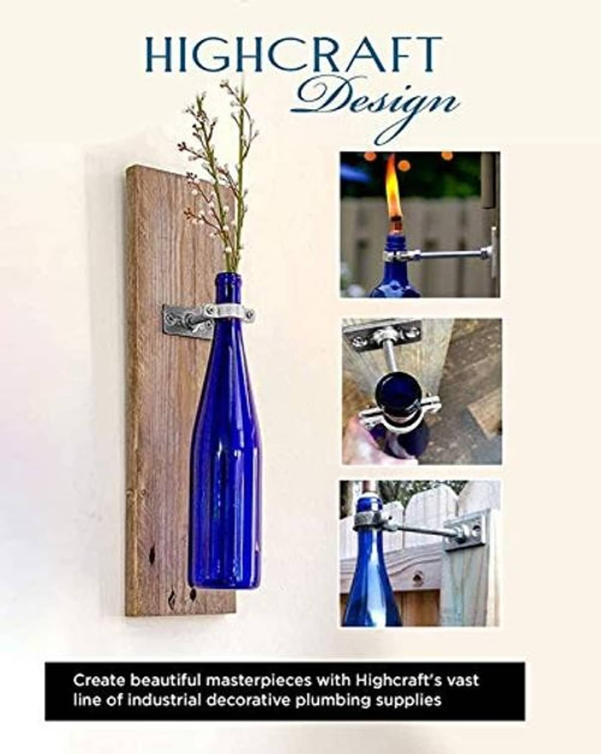Hinged split ring pipe hanger mounted on wood, holding a blue bottle