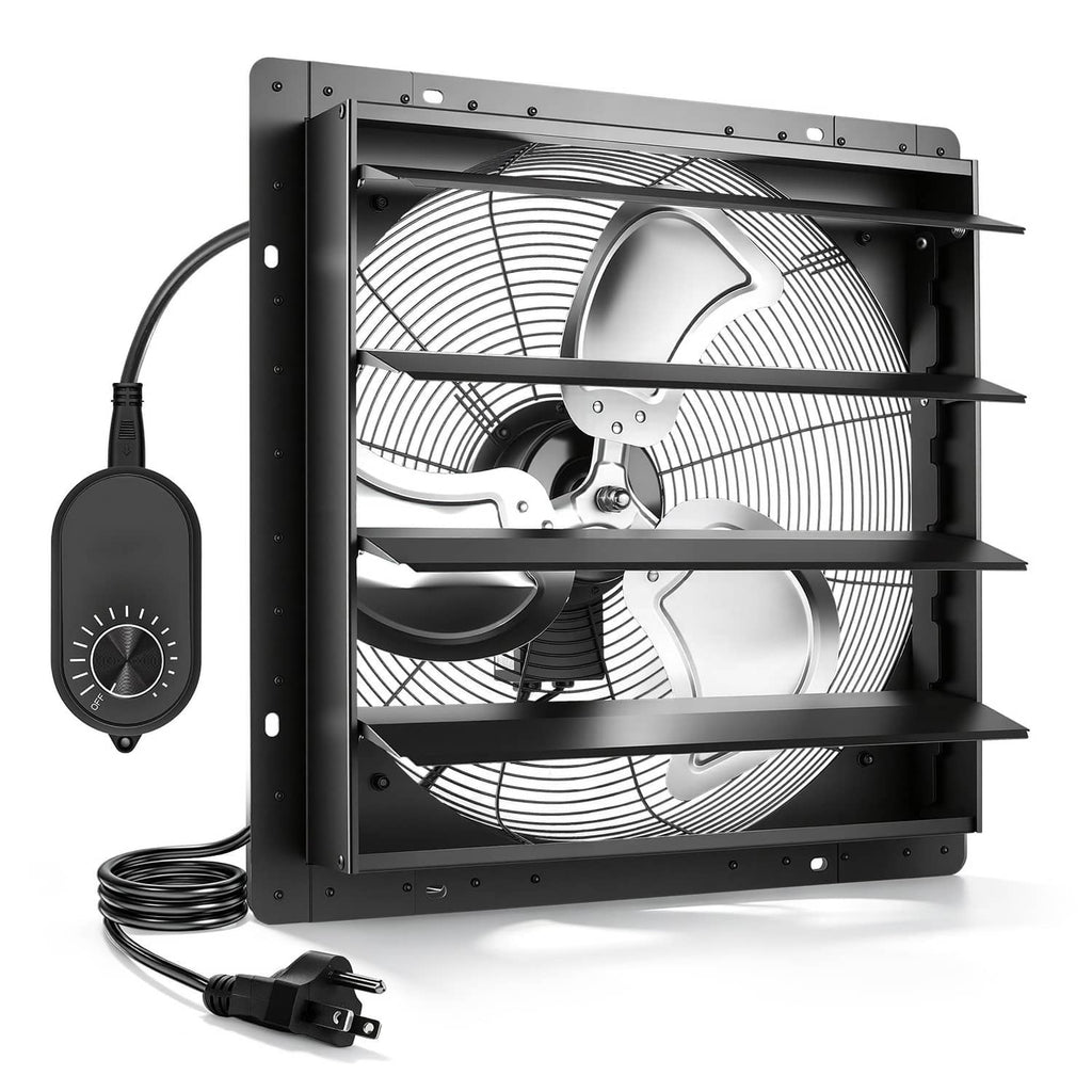 Wall-mount shutter exhaust fan with speed controller, power cord, and louvered grille