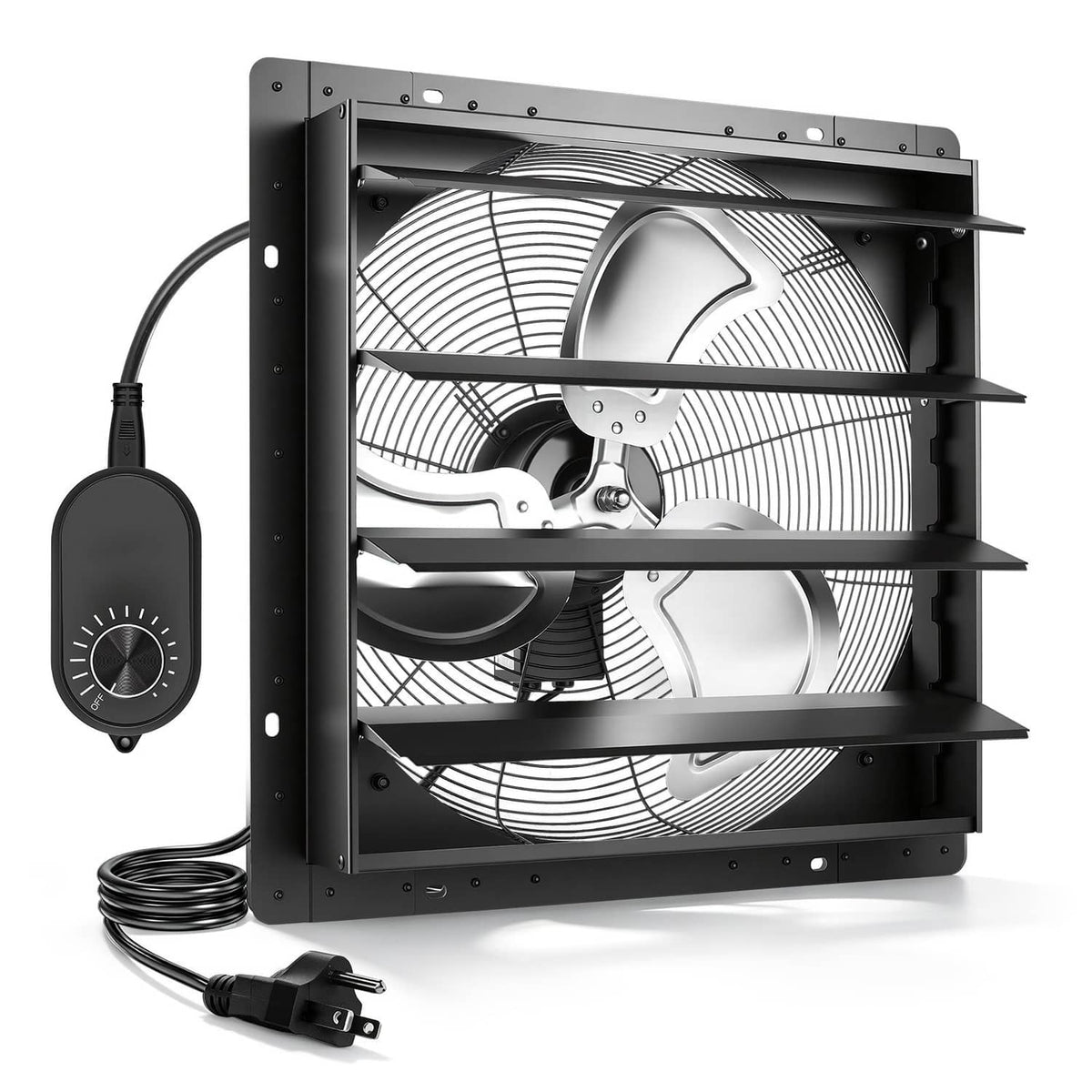 Wall-mount shutter exhaust fan with speed controller, power cord, and louvered grille