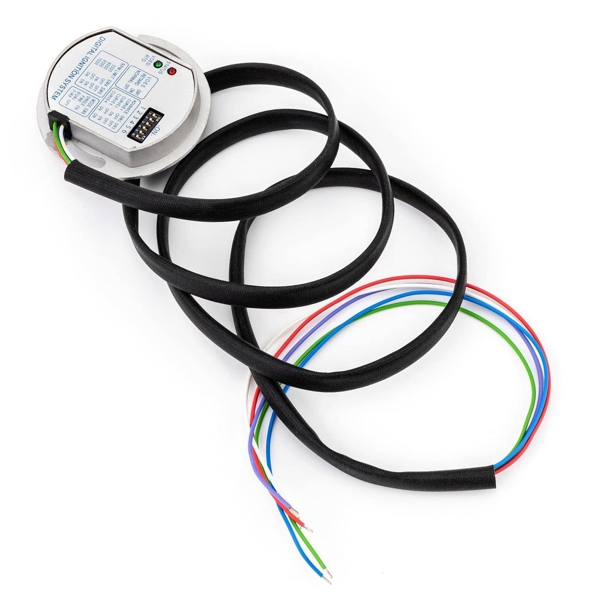 Single electronic ignition module with black cable harness and multicolor wire leads