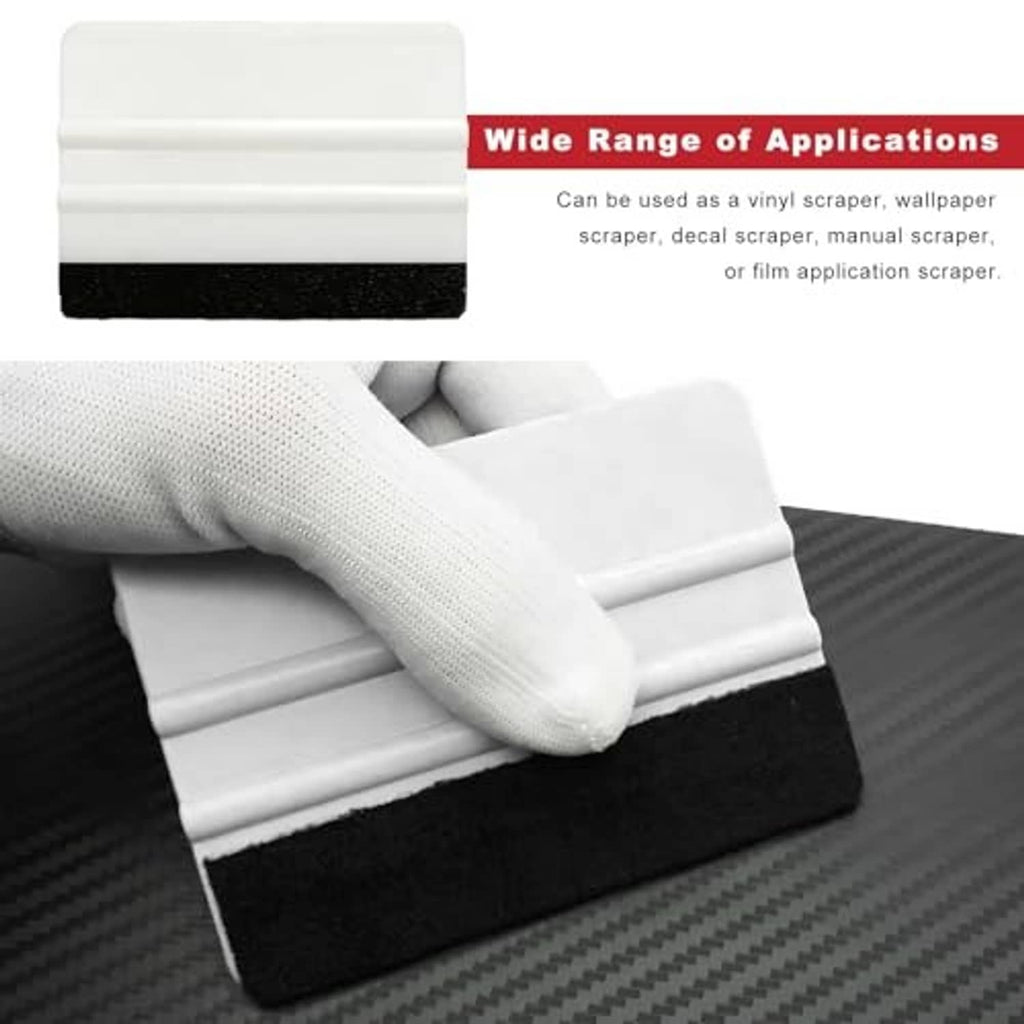 Plastic felt edge squeegee with black felt pad in gloved hand for film smoothing