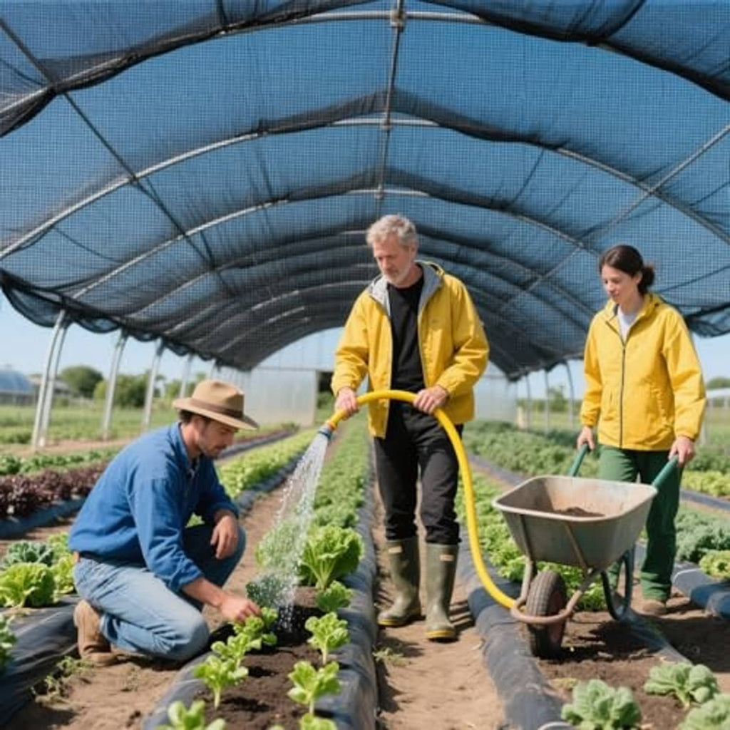 Black arched shade net tunnel covering plant rows in a greenhouse