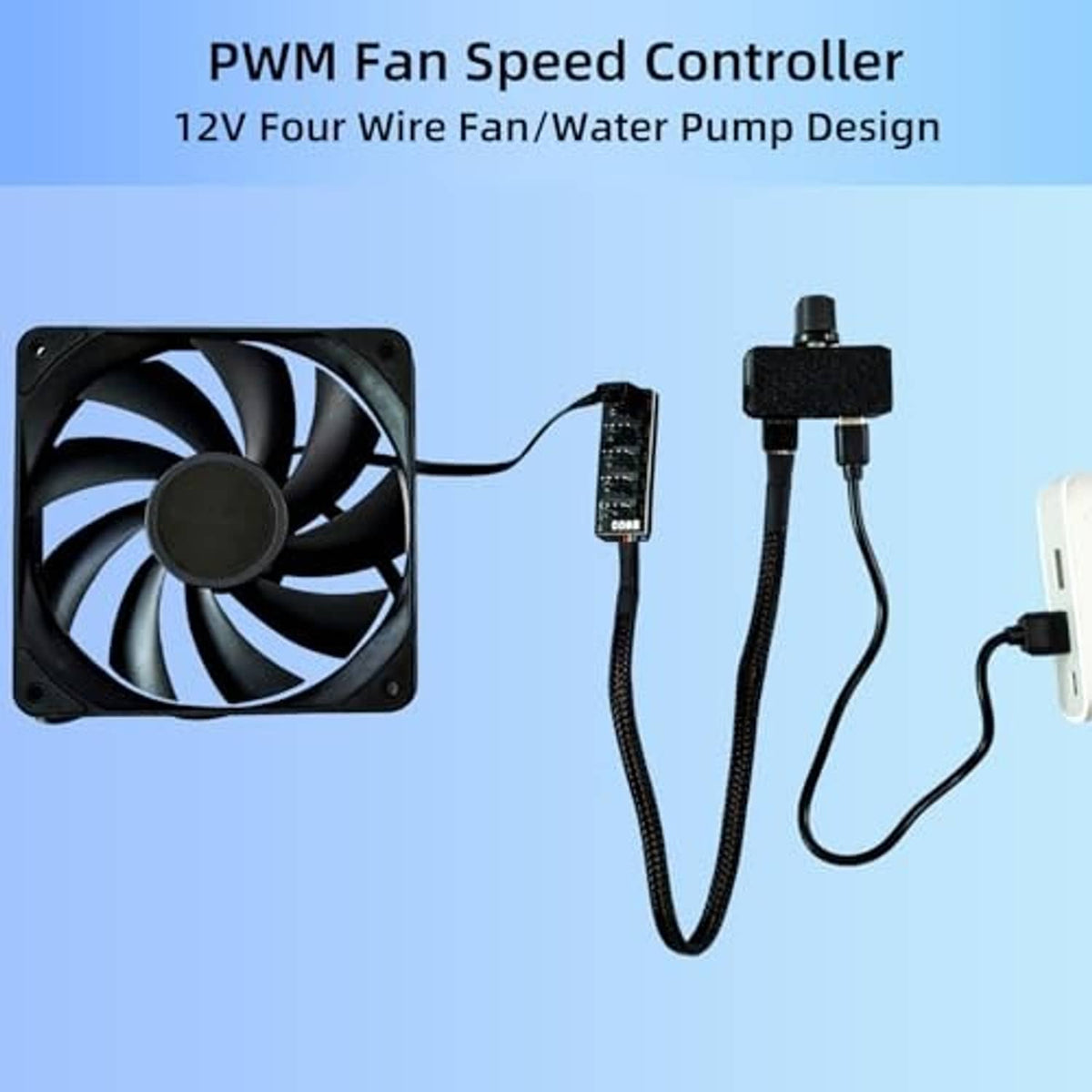 PWM fan speed controller with black box, fan lead, and adapter cables