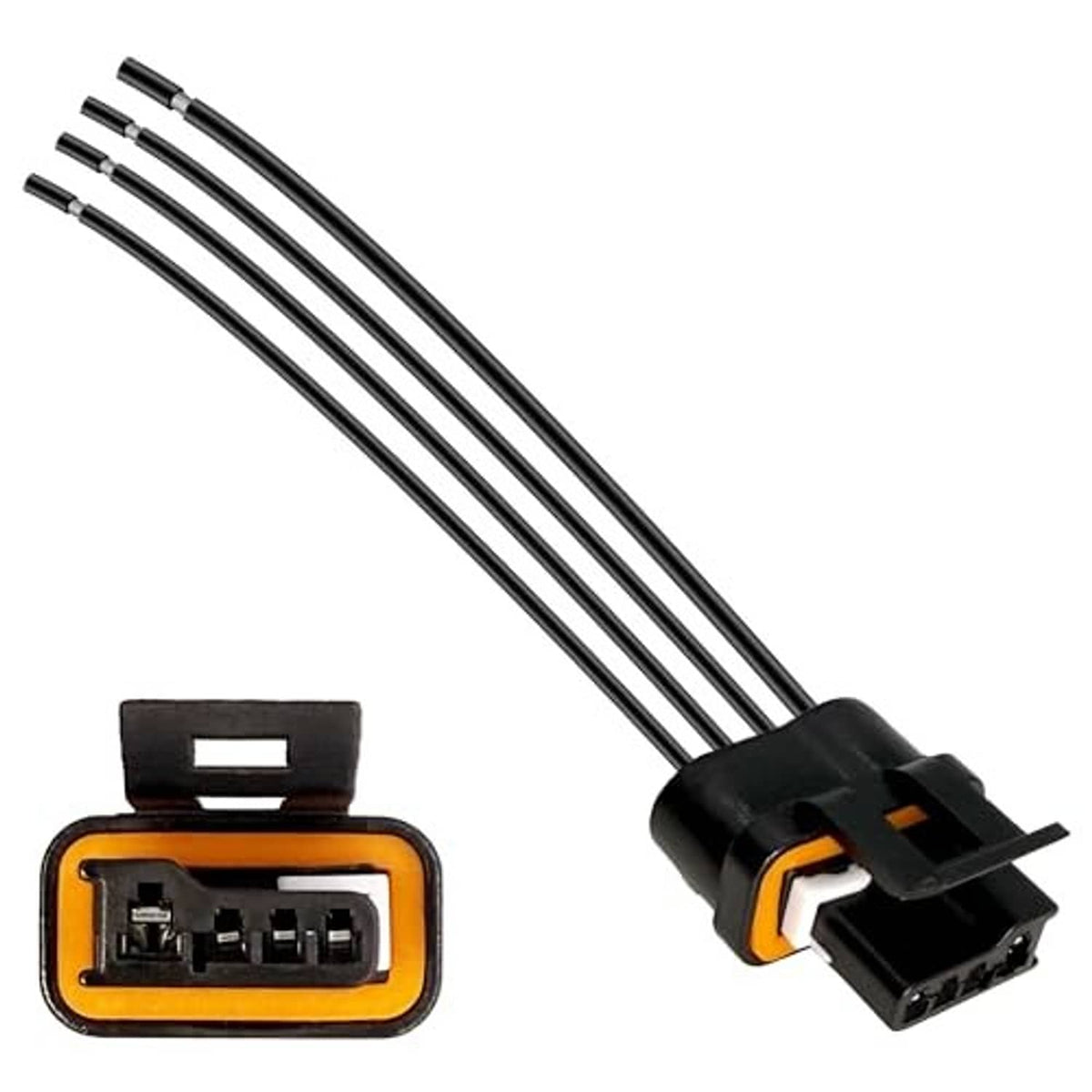 Vehicle wiring harness connector plug with orange frame, multi-pin socket, and three bundled leads