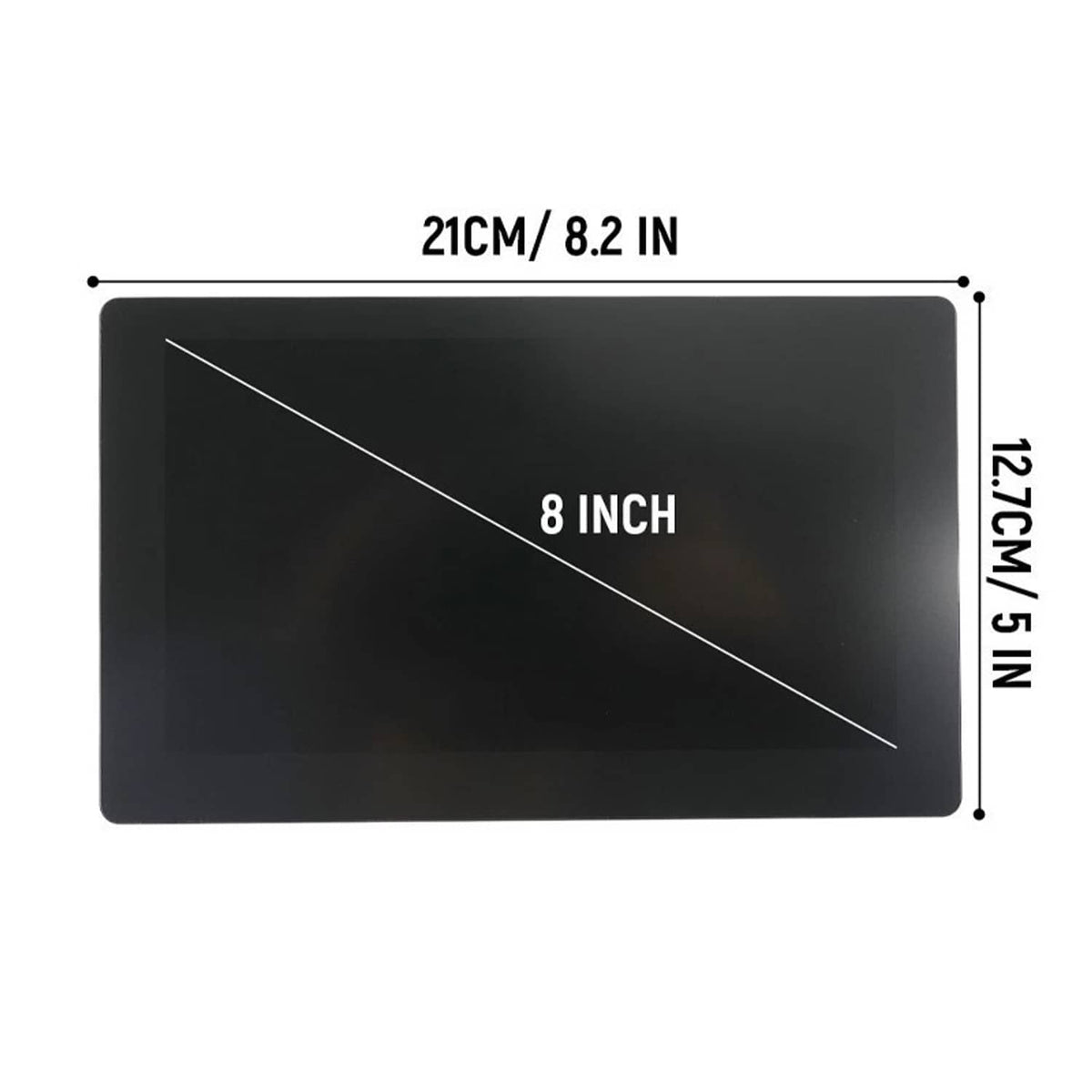 8-inch LCD touch screen display size graphic with 21cm by 12.7cm dimensions