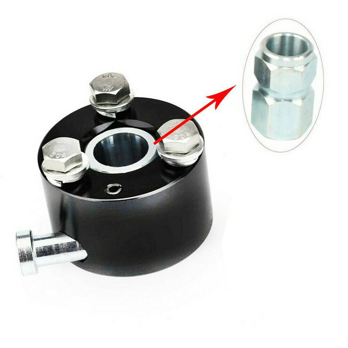 Black quick-release disconnect hub with hex shaft fitting, nuts, and washers included
