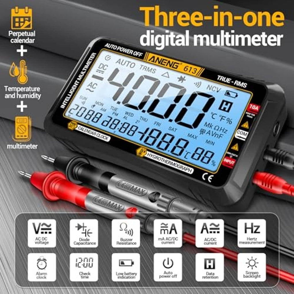 Black three-in-one digital multimeter with large LCD and included red and black leads