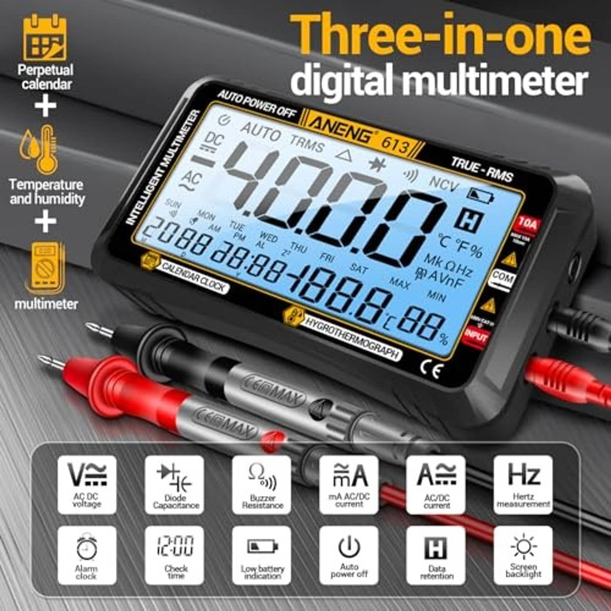Black three-in-one digital multimeter with large LCD and included red and black leads