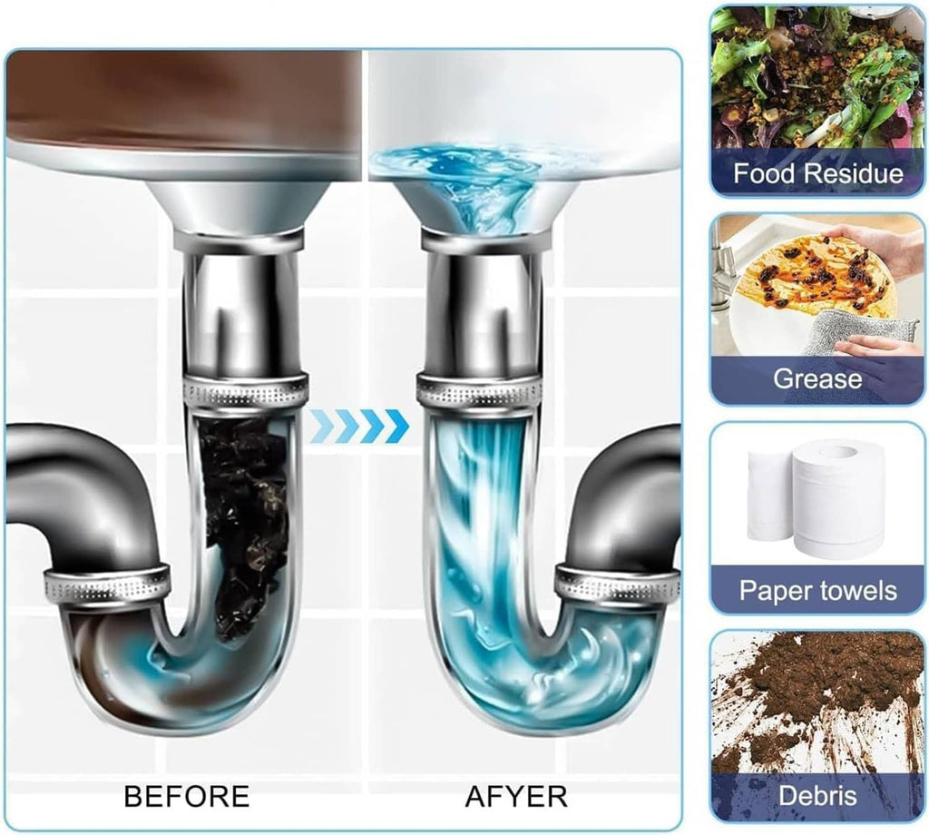 Under-sink P-trap illustration showing before debris and after blue cleaner flow