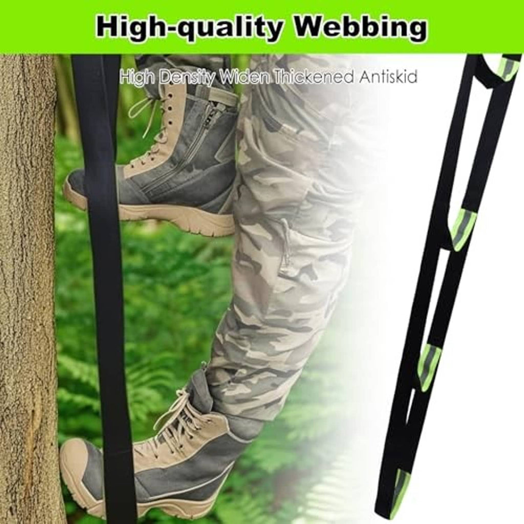 Climbing aider with neon-green webbing trim and anti-slip padded foot loops.