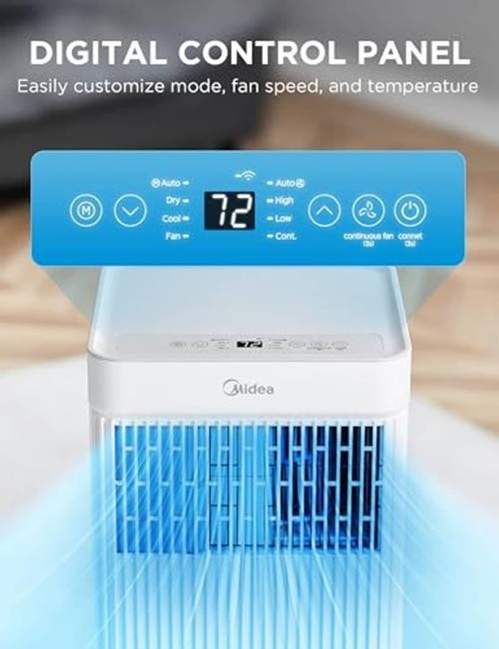 White portable AC with digital control panel and illuminated temperature display