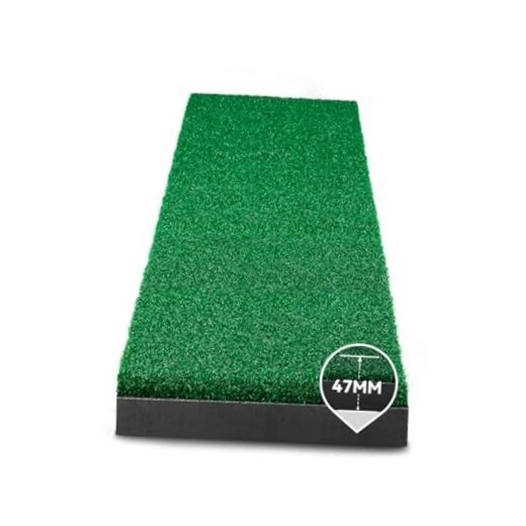 Green golf hitting strip with black base, labeled 47mm thickness