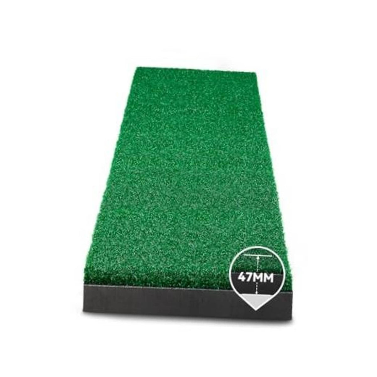Green golf hitting strip with black base, labeled 47mm thickness