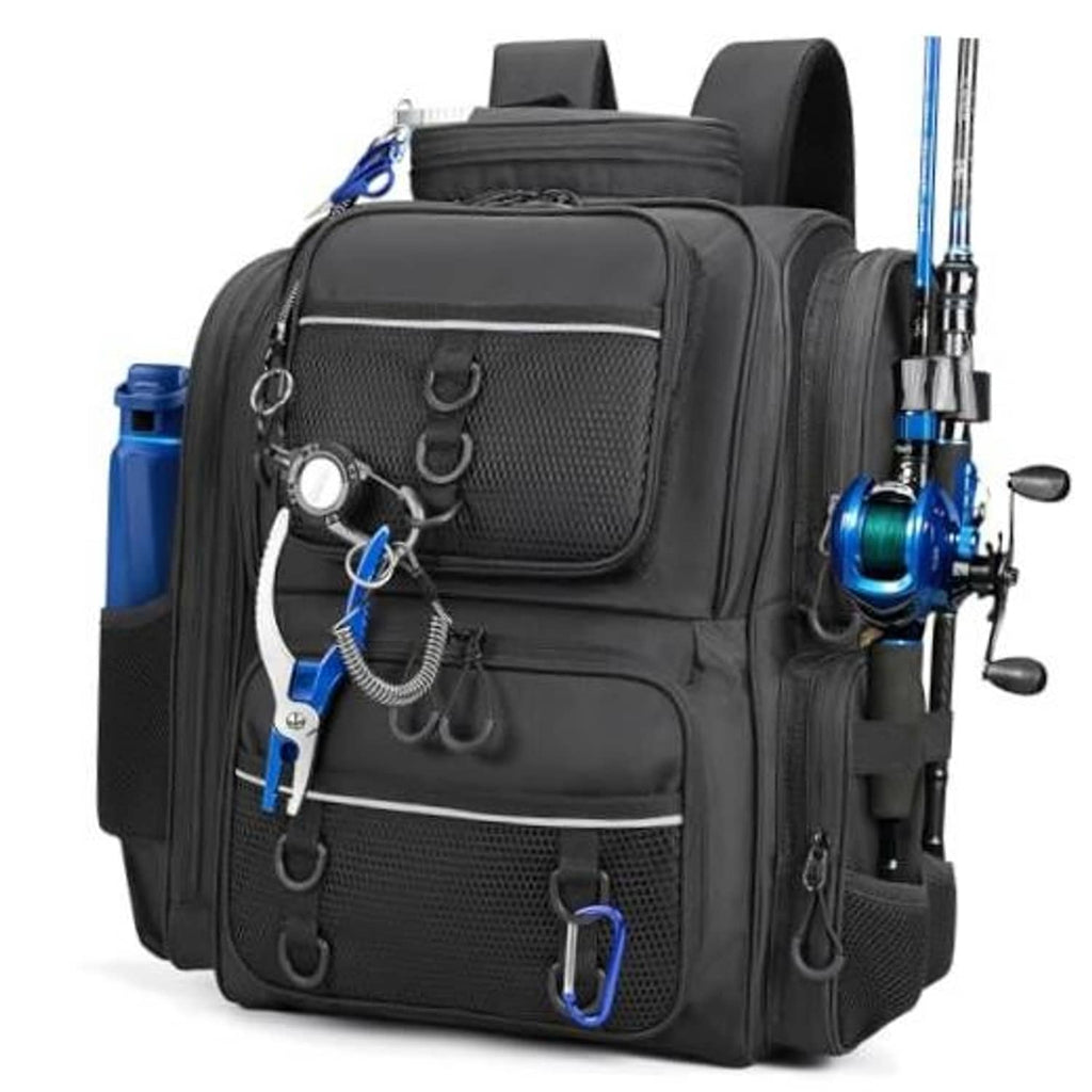 Black fishing backpack with front zip pockets and rod holders on both sides