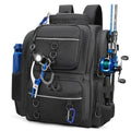 Black fishing backpack with front zip pockets and rod holders on both sides