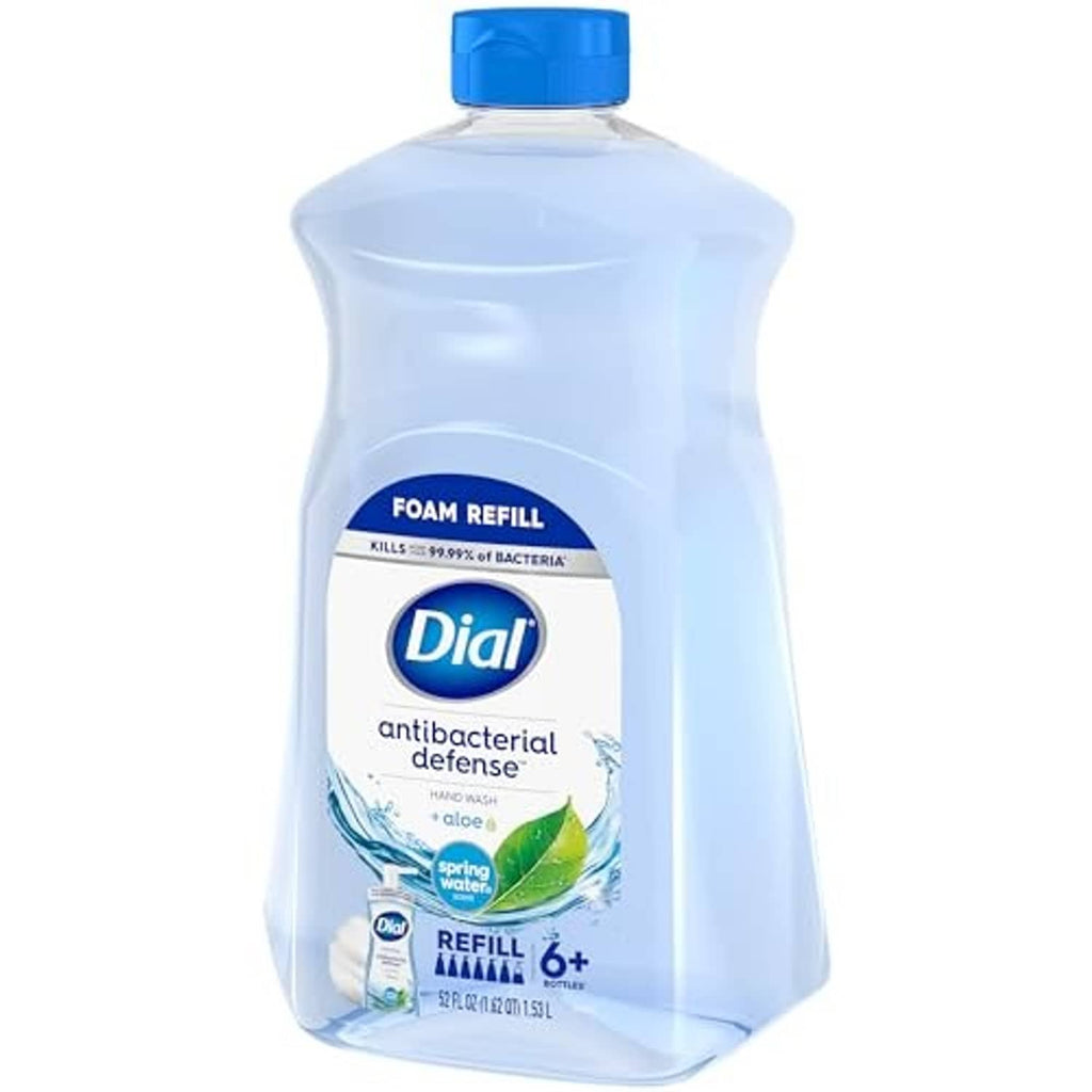 Dial antibacterial foaming hand soap refill bottle, front label with spring water