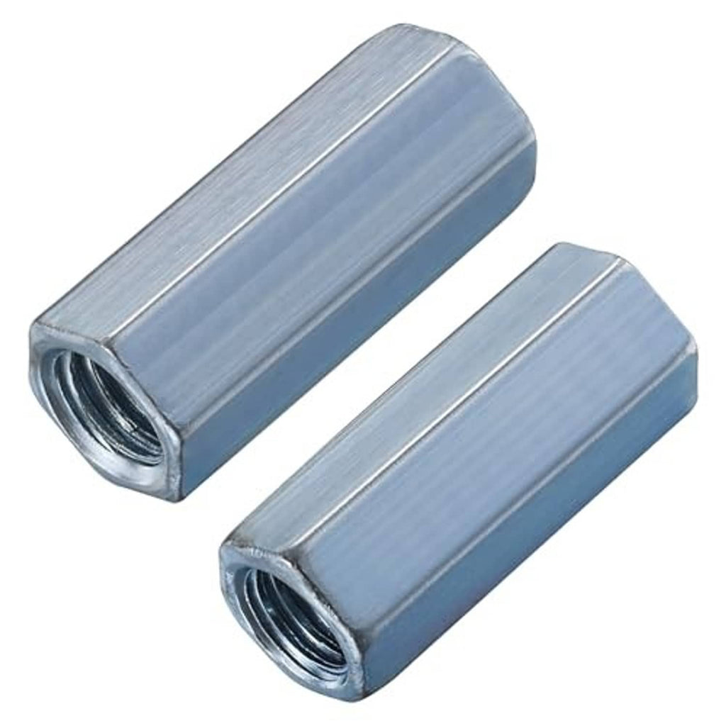 Pair of zinc-plated extended hex coupling nuts with internal threads, silver finish