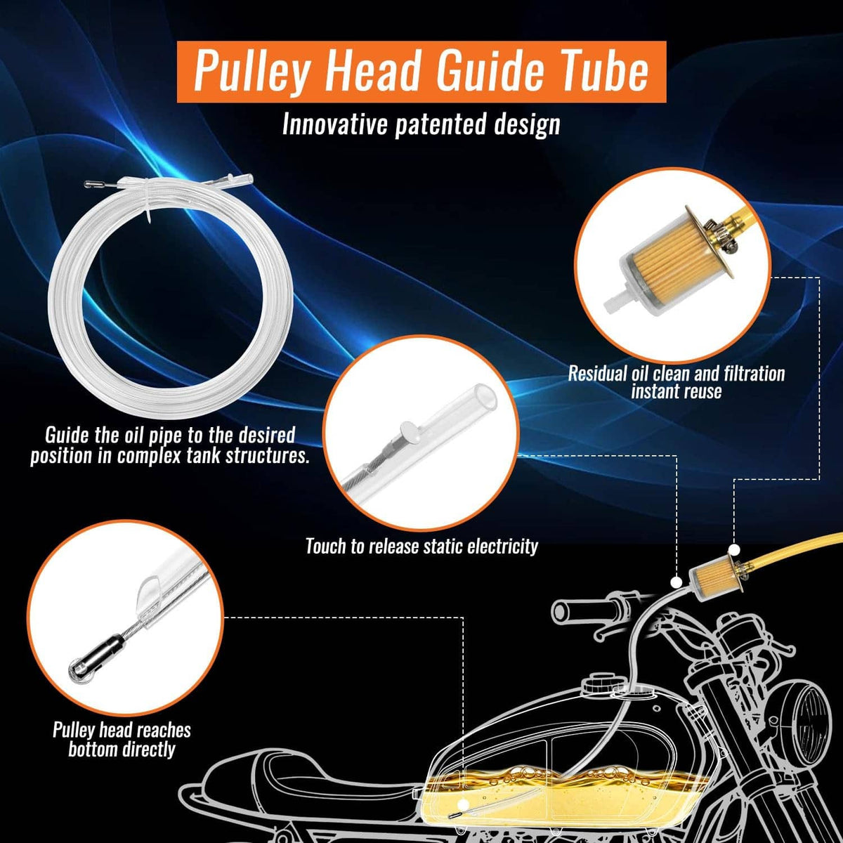 Fuel transfer pump guide tube with pulley head and inline oil filtration screen