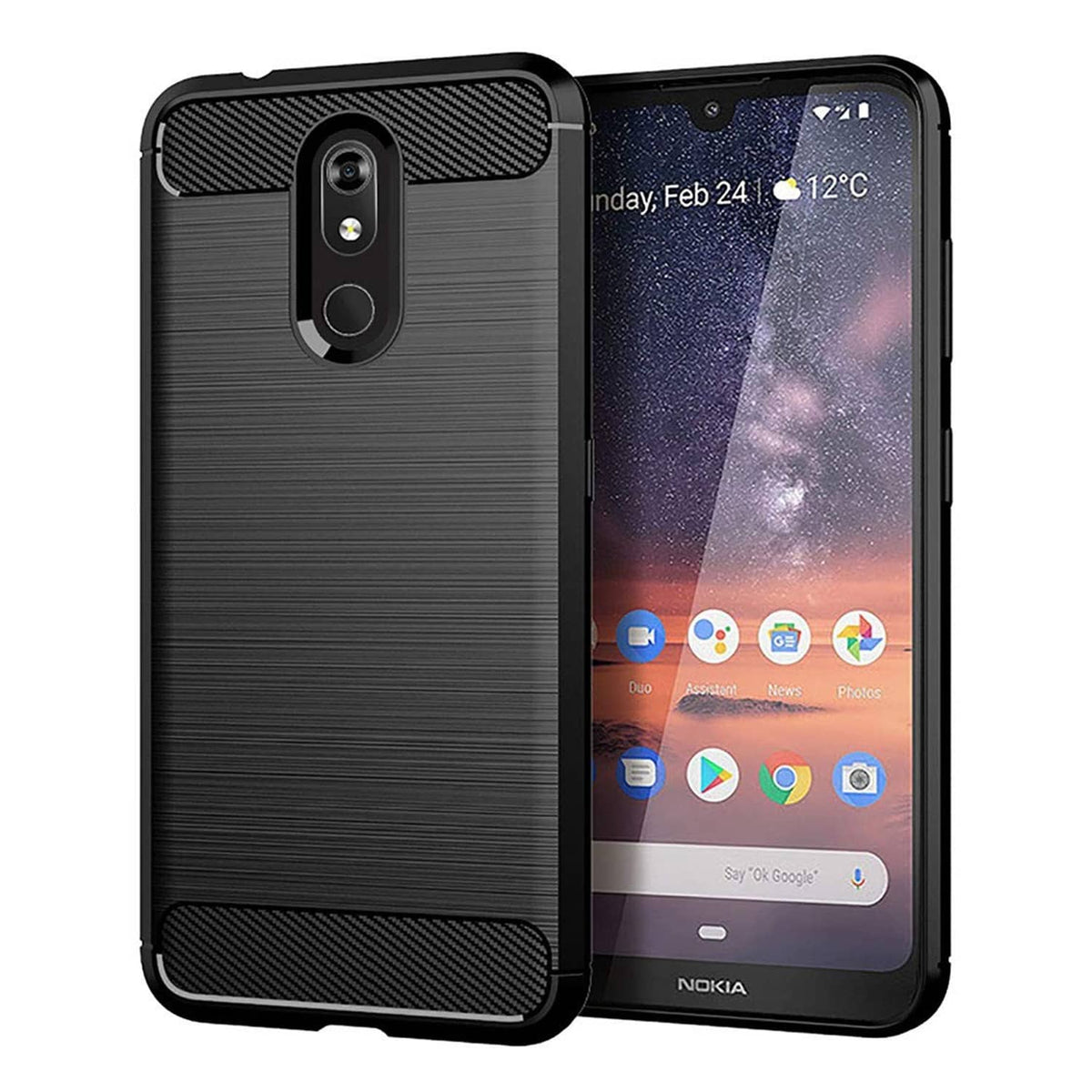 Black phone case with textured back and front screen protector fitted