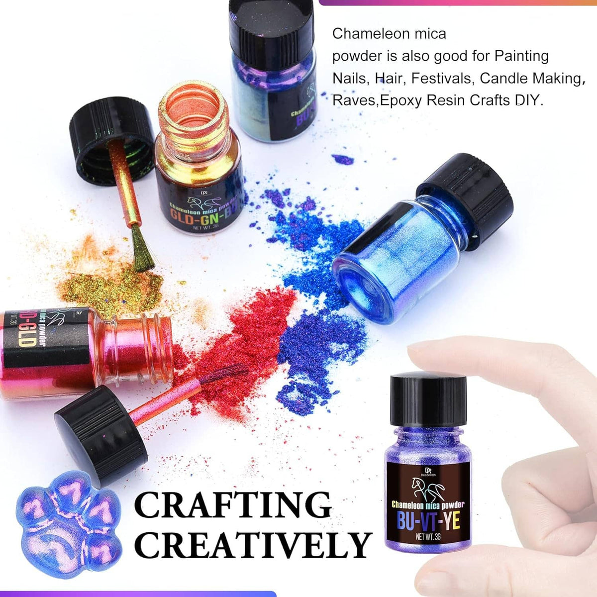 Color-shifting mica pigment bottles with mixed blue, red, and gold powders
