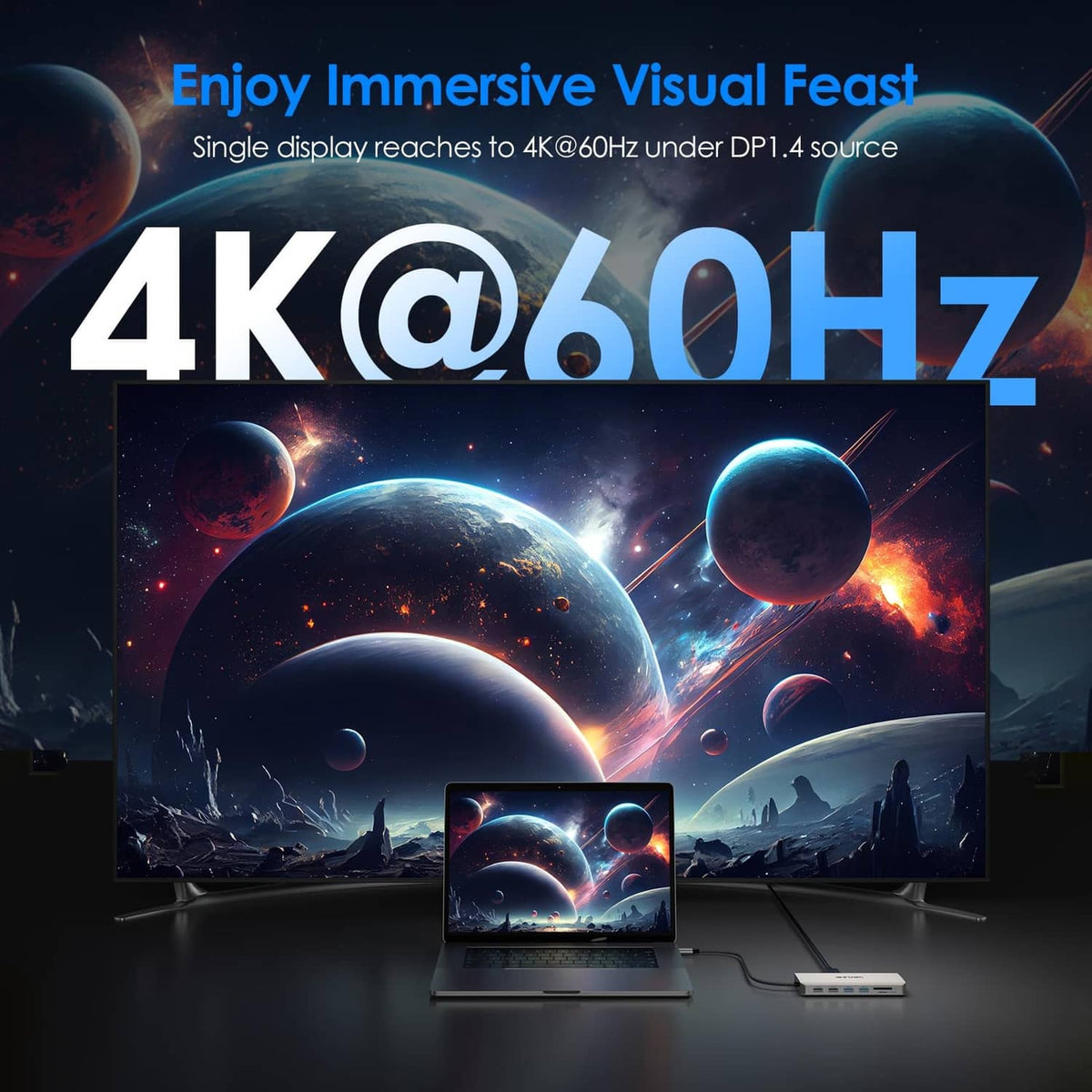 Multi-display feature graphic for a laptop docking station, 4K@60Hz style