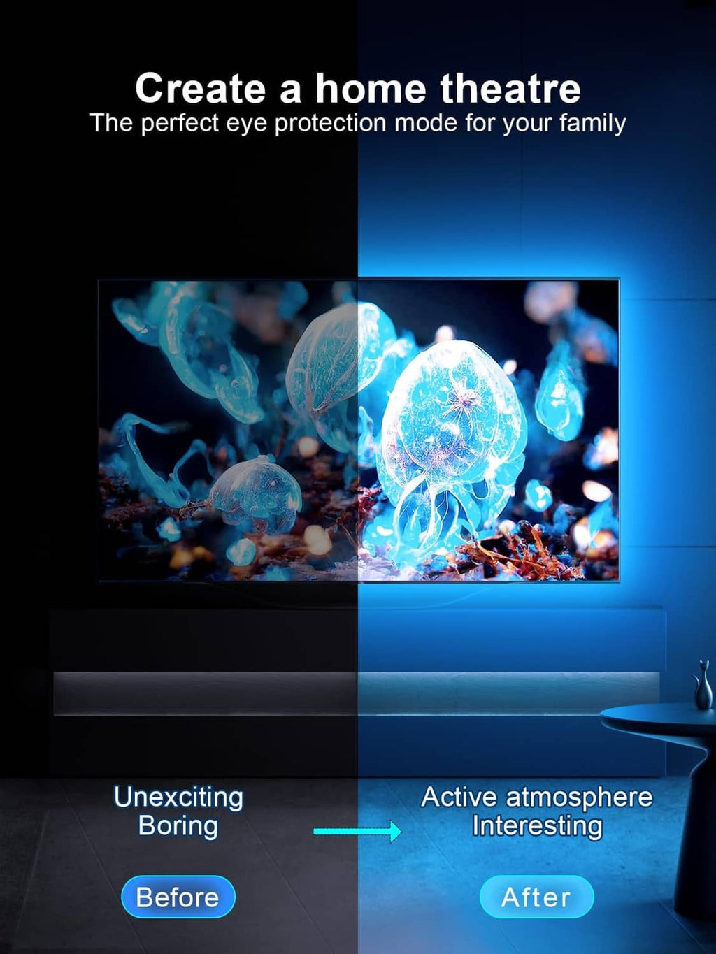 LED TV backlight creating home theater lighting with multicolor glow behind screen
