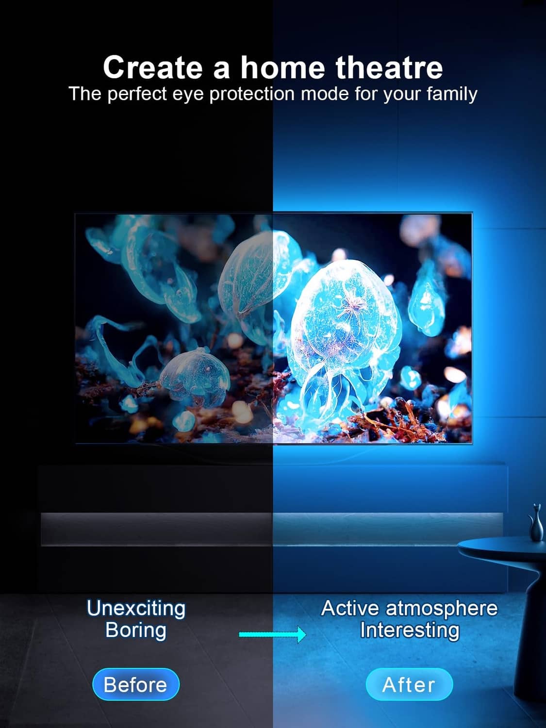 LED TV backlight creating home theater lighting with multicolor glow behind screen