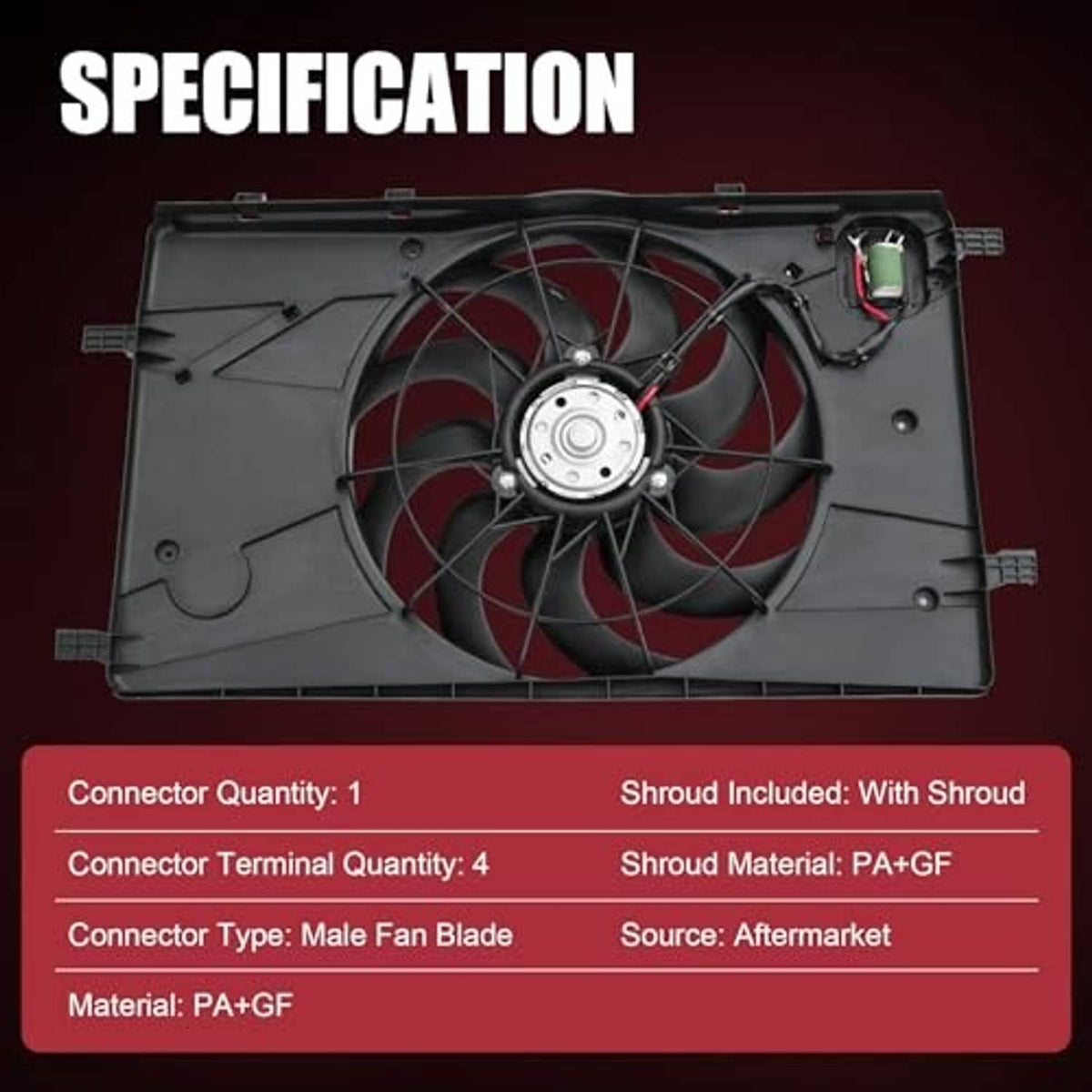 Engine radiator cooling fan assembly with fan hub and electrical connector on shroud